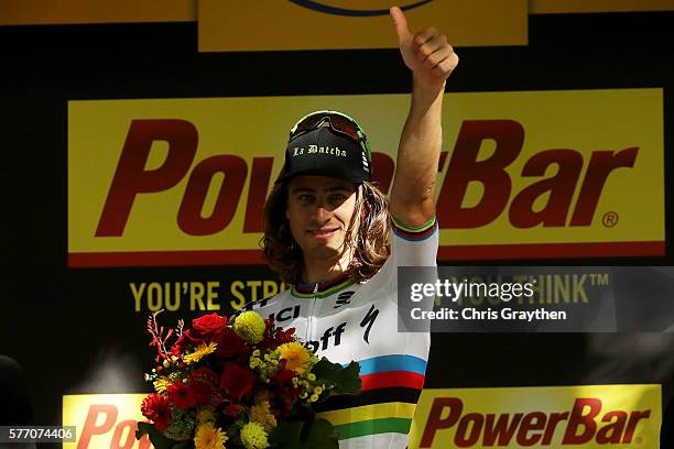 Peter Sagan of Slovakia riding for Tinkoff poses for a photo on the podium after winning stage 16 of the 2016 Le Tour de France, a 209km stage from...