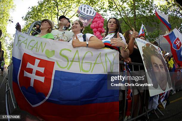 Fans of Peter Sagan of Slovakia riding for Tinkoff cheer after his win in stage 16 of the 2016 Le Tour de France, a 209km stage from...