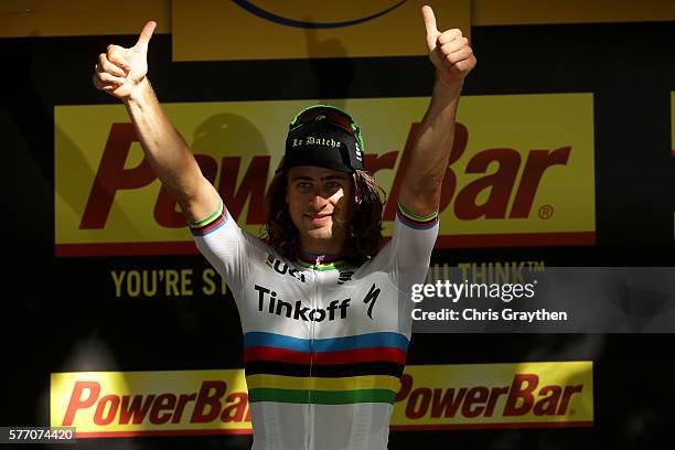 Peter Sagan of Slovakia riding for Tinkoff poses for a photo on the podium after winning stage 16 of the 2016 Le Tour de France, a 209km stage from...