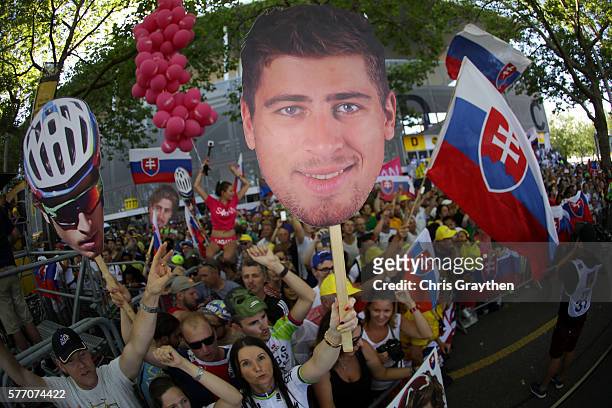 Fans of Peter Sagan of Slovakia riding for Tinkoff cheer after his win in stage 16 of the 2016 Le Tour de France, a 209km stage from...