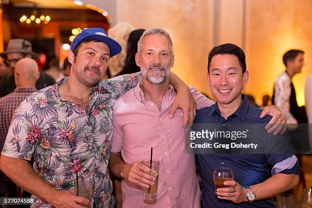 Blake Lynch, John Binninger and Ryan Kim pose for a picture at the 2016 Outfest Los Angeles Closing Night Gala Of "Other People" After Party at The...