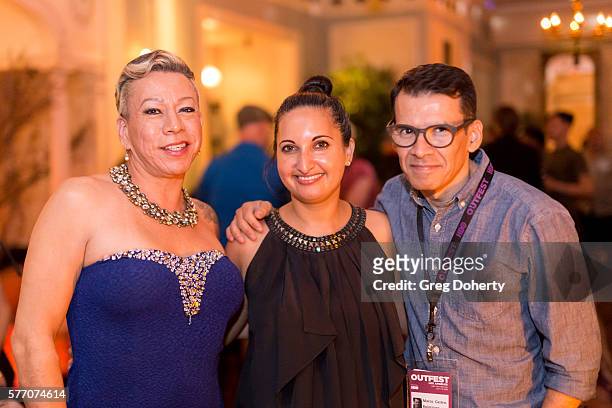 Latina Trans Activist Bamby Salcedo, Outfest Director of Programming Lucy Mukerjee-Brown and El Canto Del Colibri Director, Marco Castro, pose for a...