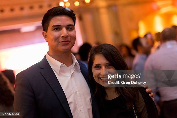 Oscar Gonzales and Camille Totah pose for a picture at the 2016 Outfest Los Angeles Closing Night Gala Of "Other People" After Party at The Theatre...