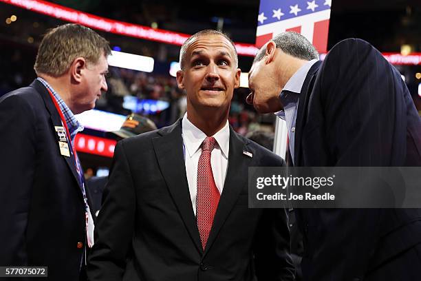 Corey Lewandowski , former campaign manager for Donald Trump, speaks with delegates on the first day of the Republican National Convention on July...