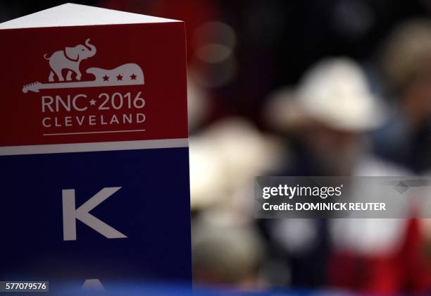 The Republican National Convention 2016 logo appears on top of a state marker on the opening day of the Republican National Convention at the Quicken...