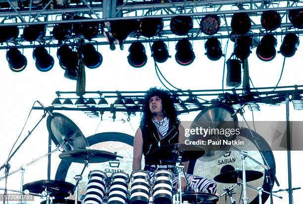 American Rock musician Frankie Banali, of the band Quiet Riot, performs onstage, Kalamazoo, Michigan, May 27, 1984.