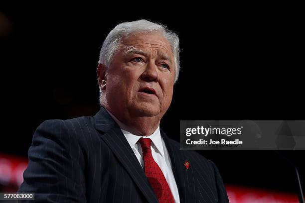 Former Gov. Haley Barbour speaks during the first day of the Republican National Convention on July 18, 2016 at the Quicken Loans Arena in Cleveland,...