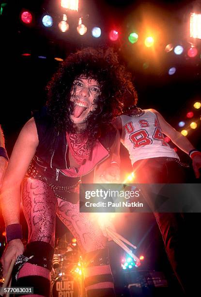 American Rock musicians Frankie Banali and Kevin DuBrow , both of the band Quiet Riot, perform onstage, Des Moines, Iowa, August 20, 1984.