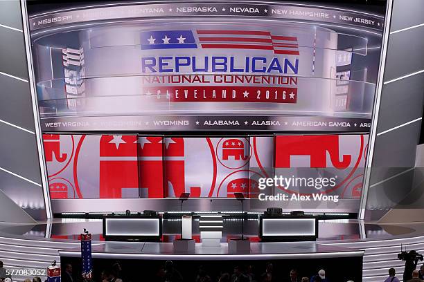 The stage is left empty after Republican National Committee Chairman Reince Priebus left the stage during protests on the floor on the first day of...