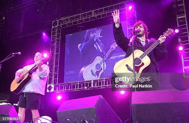 American comedians, actors, and musicians Kyle Gass and Jack Black, both of the band Tenacious D, perform onstage, Chicago, Illinois, May 18, 2002.