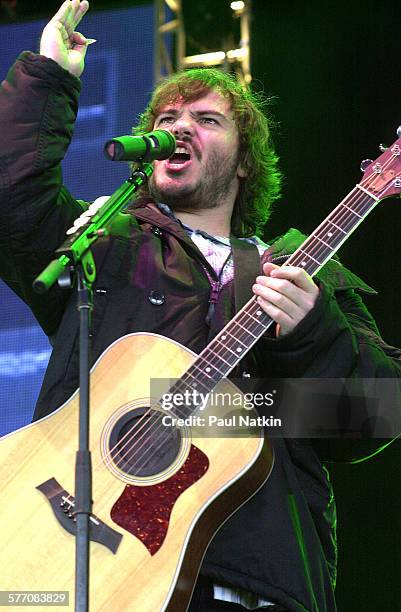 American comedian, actor, and musician Jack Black, of the band Tenacious D, performs onstage, Chicago, Illinois, May 18, 2002.