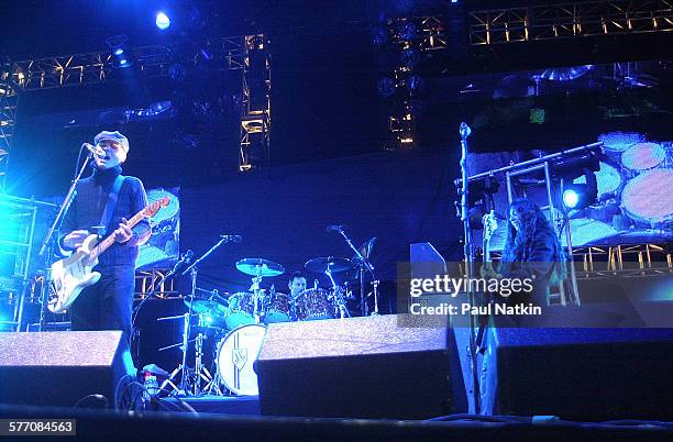 American Rock group Zwan performs onstage, Chicago, Illinois, May 18, 2002. Pictured are, from left, Billy Corgan, Jimmy Chamberlin, and Paz...