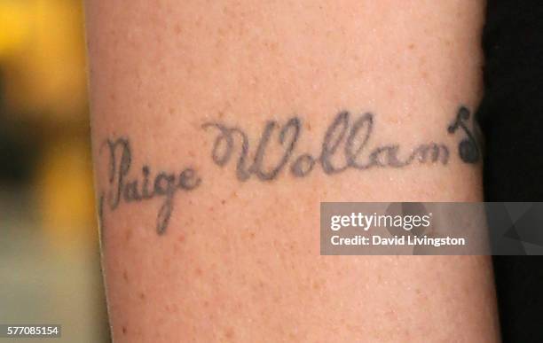 Actress Teri Polo's tattoo with her daughter's name, Bayley Paige Wollam, is seen at Hollywood Today Live at W Hollywood on July 18, 2016 in...