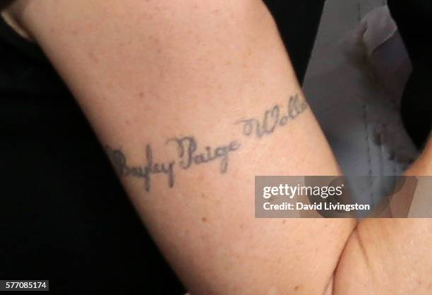 Actress Teri Polo's tattoo with her daughter's name, Bayley Paige Wollam, is seen at Hollywood Today Live at W Hollywood on July 18, 2016 in...