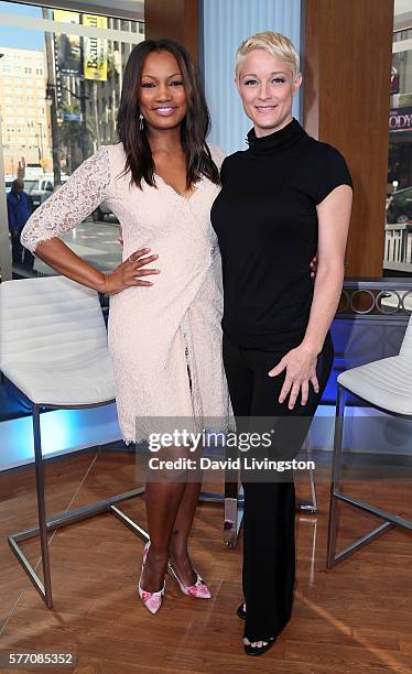 Actress/host Garcelle Beauvais and actress Teri Polo pose at Hollywood Today Live at W Hollywood on July 18, 2016 in Hollywood, California.