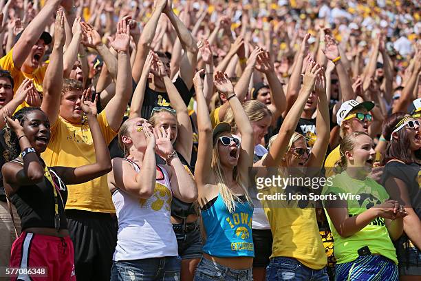Iowa Hawkeyes fans cheer during the third quarter of the NCAA football game between the Missouri State Bears and the Iowa Hawkeyes at Kinnick Stadium...