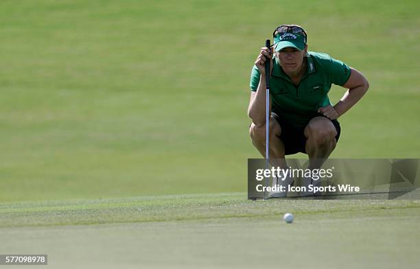 Annika Sorenstam lines up a putt on the 10th hole during the third round of the LPGA Samsung World Championship at Big Horn Golf Club in Palm Desert,...