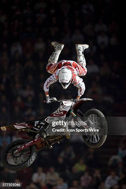 Spanish freestyle rider Daniel Torres performs a freestyle figure during the last day of the 24th Paris Bercy Supercross, in Paris, France. The...