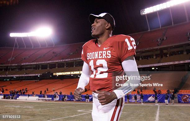 Oklahoma Sooners quarterback Paul Thompson celebrates on the field after their win against the Nebraska Cornhuskers in the Big 12 Conference...