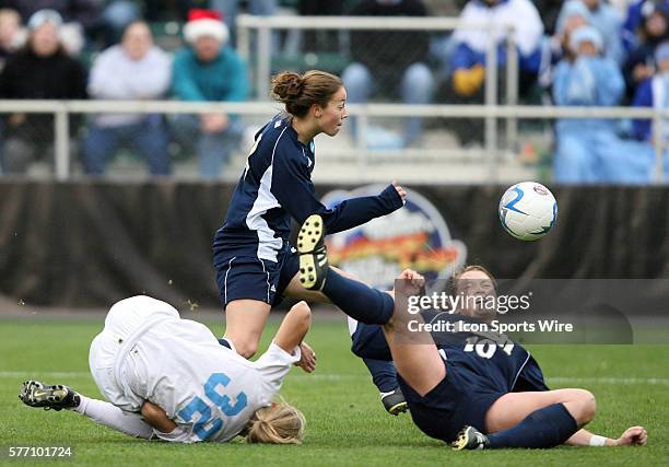 Notre Dame's Kerri Hanks chases the ball after a collision sent teammate Brittany Bock and North Carolina's Kristi Eveland tumbling. The University...