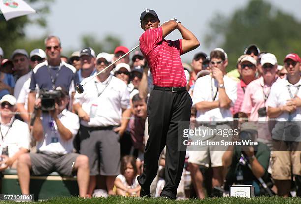 Tiger Woods watches his drive on the 3rd hole during the final round of the AT&T National at Aronimink Golf Club in Newtown Square, Pennsylvania.