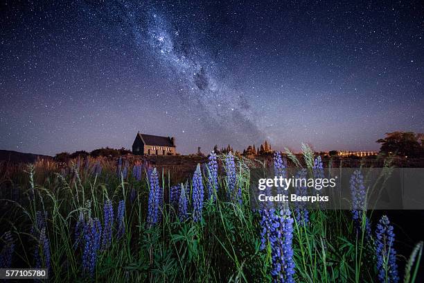 milky way at the church of the good shepherd with blooming lupine in lake tekapo in new zealand. - tékapo fotografías e imágenes de stock