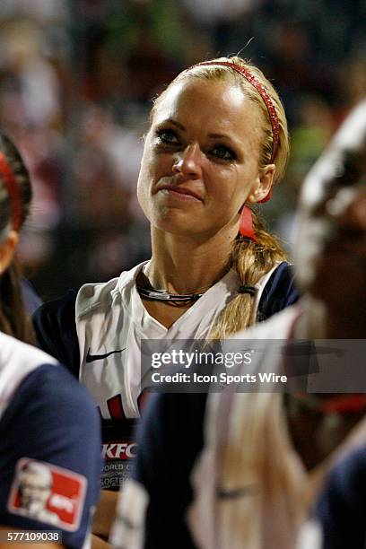 United States pitcher Jenny Finch reacts after her teams 5-1 victory during the KFC World Cup of Softball over Japan at the ASA Softball Hall of Fame...