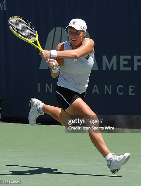 Svetlana Kuznetsova after hitting a return shot during a semifinal match against Flavia Pennetta at the Mercury Insurance Open played at the La Costa...
