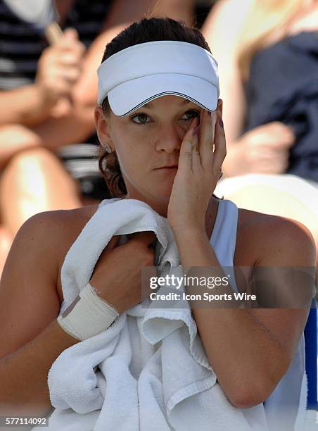 Agnieszka Radwanska during a break in a match against Svetlana Kuznetsova during the finals of the Mercury Insurance Open played at the La Costa...