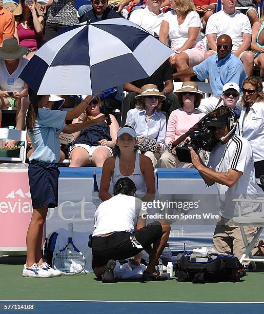 Agnieszka Radwanska getting medical treatment during a match against Svetlana Kuznetsova during the finals of the Mercury Insurance Open played at...