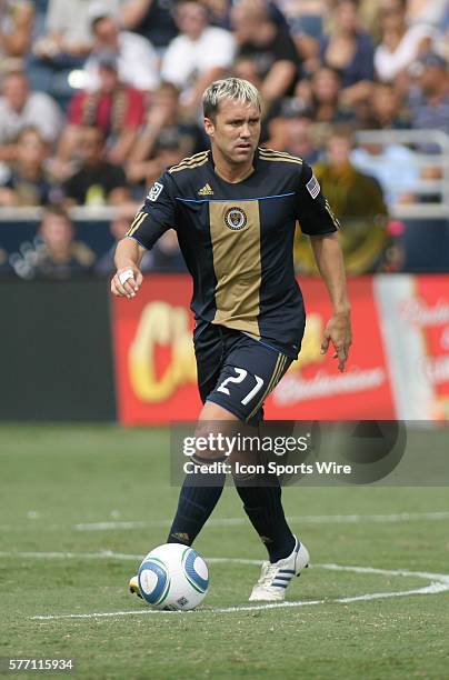 Philadelphia Union's Eduardo Coudet passes the ball during the first half of the Colorado Rapids vs Philadelphia Union soccer match at PPL Park in...