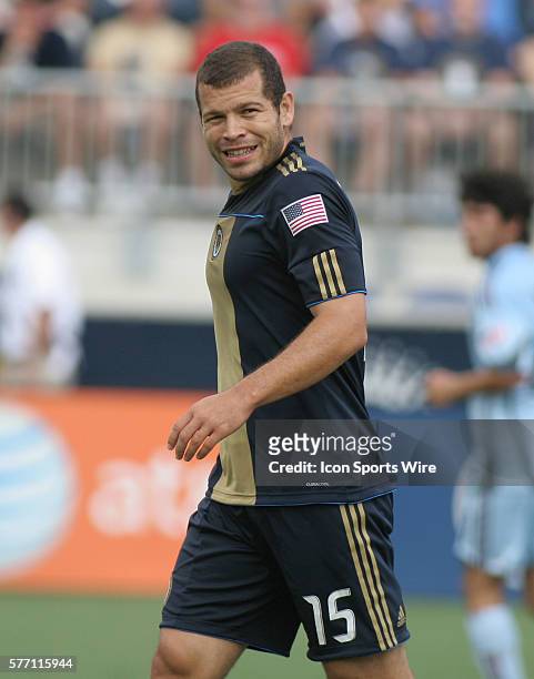 Philadelphia Union's Alejandro Moreno smiles after missing a goal during the first half of the Colorado Rapids vs Philadelphia Union soccer match at...