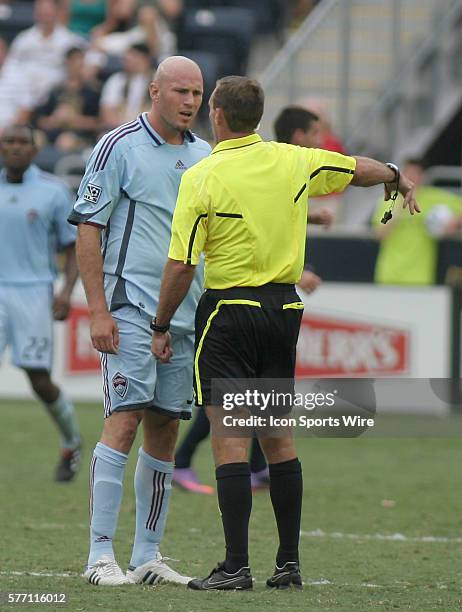 Colorado Rapids' Conor Casey argues with referee Terry Vaughn during the second half of the Colorado Rapids vs Philadelphia Union soccer match at PPL...