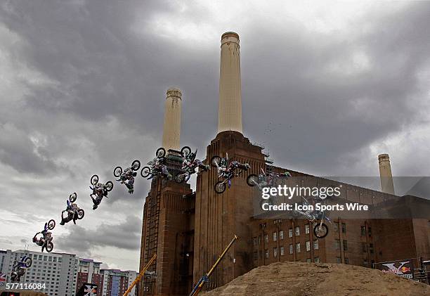 August 2010 . In action during a training session for the London stage of The Red Bull X-Fighters freestlye Motorcycle Cross Tournament held at...