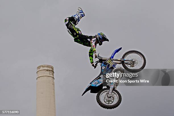 August 2010 . Andr?? Villa in action during a training session for the London stage of The Red Bull X-Fighters freestlye Motorcycle Cross Tournament...