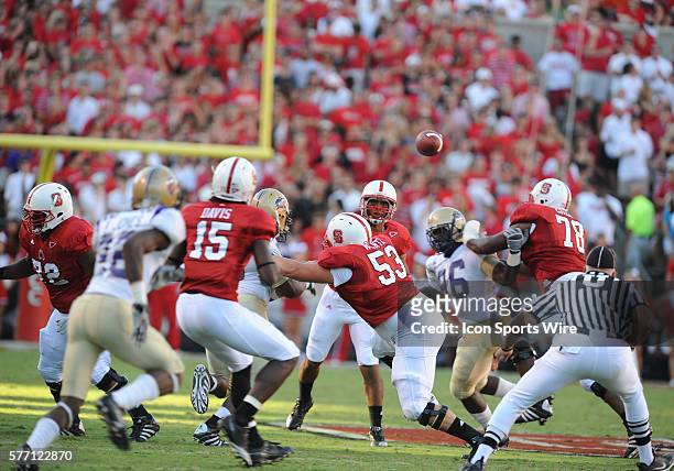 States QB Russell Wilson throws a pass to Darrell Davis as he cuts across the middle against Western Carolina at Carter-Finley Stadium in Raleigh,NC