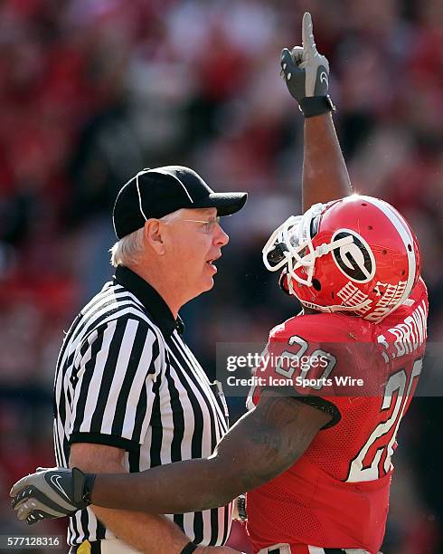 Georgia running back Thomas Brown celebrates after a touchdown in the Georgia Bulldogs 24-13 victory over the Kentucky Wildcats at Sanford Stadium in...