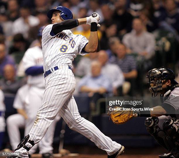 Milwaukee Brewers batter Ryan Braun leads off the fourth inning with a double off the left field wall against Florida Marlins starting pitcher Scott...