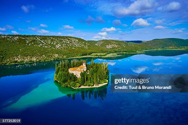 croatia, krka national park, visovac monastery - region dalmatien kroatien stock-fotos und bilder