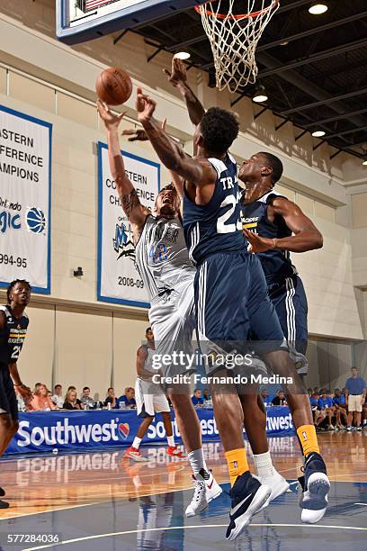 Ryan Spangler of the Oklahoma City Thunder goes to the basket against the Indiana Pacers on July 6, 2016 during the 2016 Orlando Summer League at the...