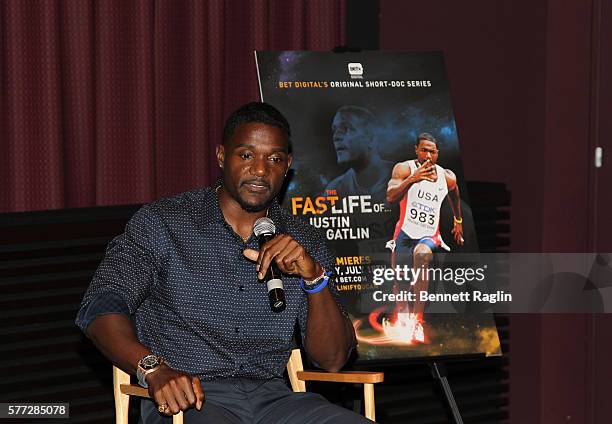 Olympian Justin Gatlin speaks during BET Digital Presents "The Fast Life Of: Justin Gatlin" on July 18, 2016 in New York City.