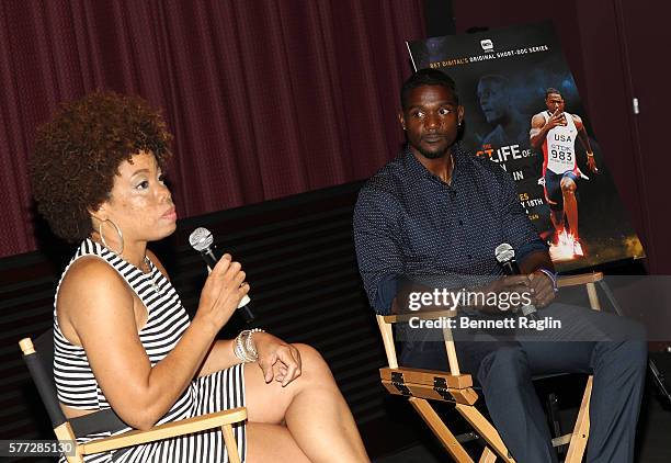 Author Aliya S. King and Olympian Justin Gatlin speak during BET Digital Presents "The Fast Life Of: Justin Gatlin" on July 18, 2016 in New York City.