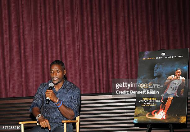 Olympian Justin Gatlin speaks during BET Digital Presents "The Fast Life Of: Justin Gatlin" on July 18, 2016 in New York City.