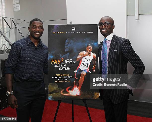 Olympian Justin Gatlin and his brother Duke Gatlin attend BET Digital Presents "The Fast Life Of: Justin Gatlin" on July 18, 2016 in New York City.
