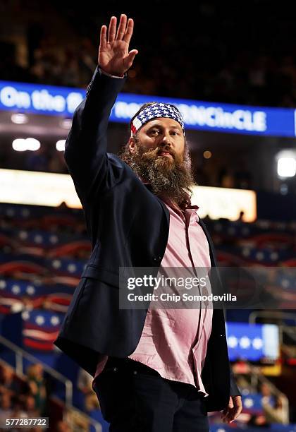 Television personality and CEO of Duck Commander, Willie Robertson waves to the crowd on the first day of the Republican National Convention on July...