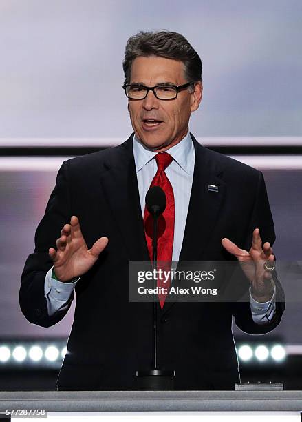 Former Texas Governor Rick Perry delivers a speech on the first day of the Republican National Convention on July 18, 2016 at the Quicken Loans Arena...