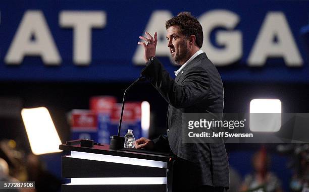 Former Navy SEAL Marcus Luttrell delivers a speech on the first day of the Republican National Convention on July 18, 2016 at the Quicken Loans Arena...