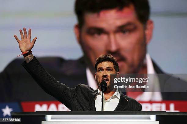 Former Navy SEAL Marcus Luttrell delivers a speech on the first day of the Republican National Convention on July 18, 2016 at the Quicken Loans Arena...