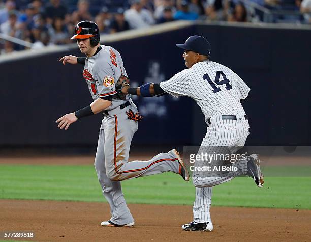 Starlin Castro of the New York Yankees tags out Nolan Reimold of the Baltimore Orioles during their game at Yankee Stadium on July 18, 2016 in New...