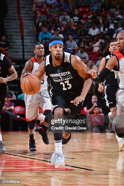 Toure Murry of the Minnesota Timberwolves handles the ball against the Chicago Bulls during the 2016 NBA Las Vegas Summer League game on July 18,...